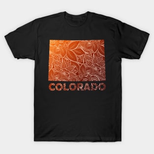 Colorful mandala art map of Colorado with text in brown and orange T-Shirt